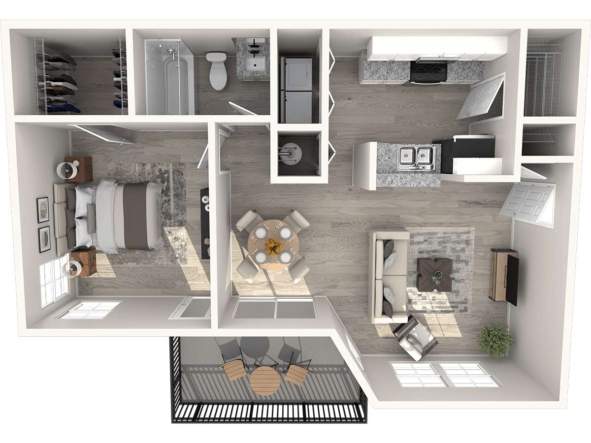 Floor plan for 1 bed, 1 bath, 764 sqft